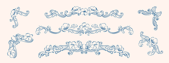 Obraz premium Set of curves, monograms, classical, baroque decor. Design elements, frame, mirror, pattern, border. Hand drawn, sketch traditional, antique ornaments, compositions. Floral deviders, corner elements. 