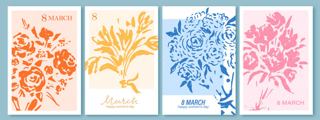 Spring, summer flowers bouquets, gifts. 8 March, women's day, mother's day. Holiday greeting cards set. Bright colorful botanical background, pattern. Hand drawn flowers, tulip, rose, peony.  © olechkaart