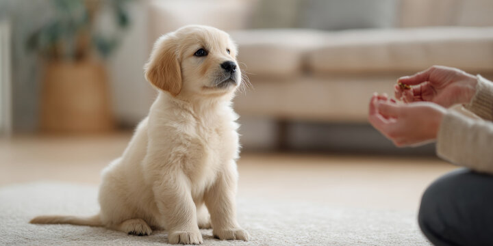 Golden retriever puppy sitting indoors