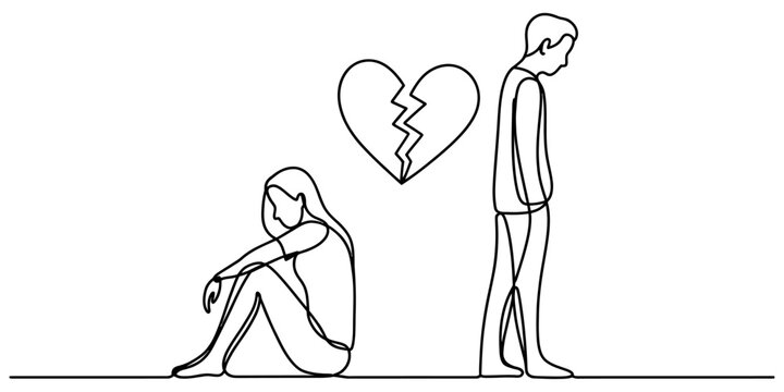 Sad man and woman with a broken heart symbol drawn in a continuous single line art style representing a difficult breakup or relationship conflict