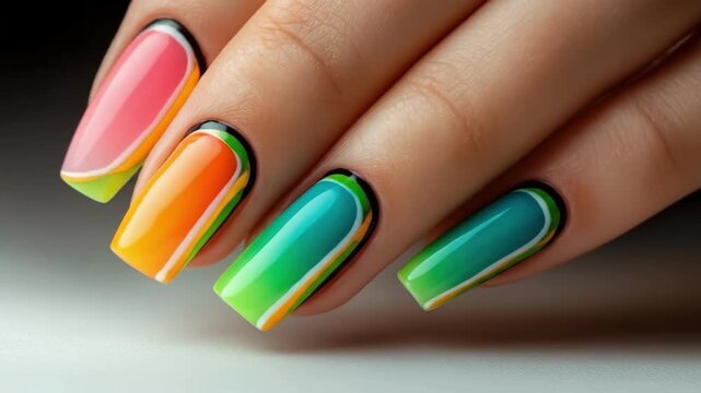 Vibrant gradient manicure on young caucasian woman's hands with multi-colored nails