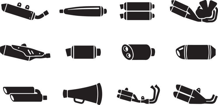 Set of motorcycle exhaust pipe and muffler icons in black vector silhouette style for automotive design.