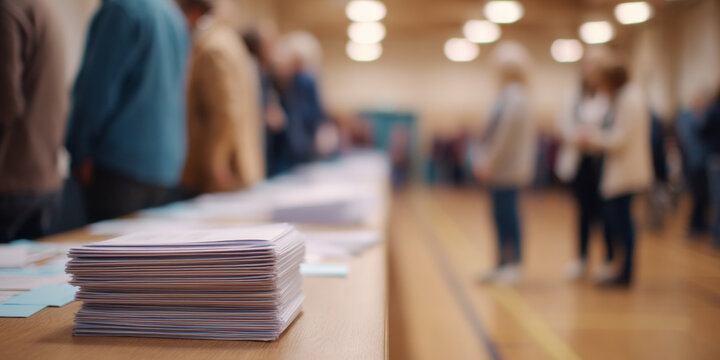 Stack of ballots on table at polling station