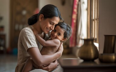 Obraz premium Loving Mother Hugging Child, Emotional Bonding Moment.