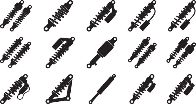 Set of motorcycle shock absorber and suspension icons in black vector silhouette style for automotive design