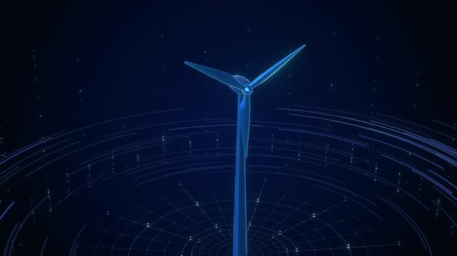 3D Blue Wireframe Wind Turbine Rotating on Digital Turntable for Green Energy Presentation