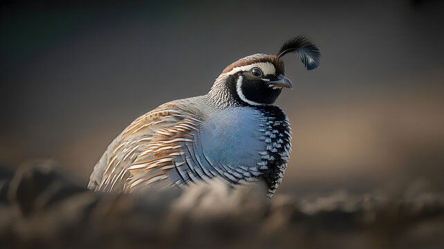 A California quail standing in a field with sharp focus on its eye,