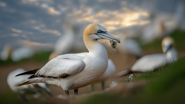 A gannet standing on grass with a mouthful of twigs and leaves outdoors