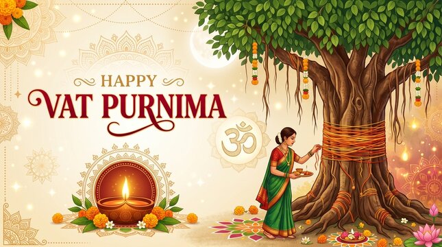 Happy Vat Purnima Festival Greeting Card with Indian Woman Performing Rituals and Banyan Tree Vector Illustration