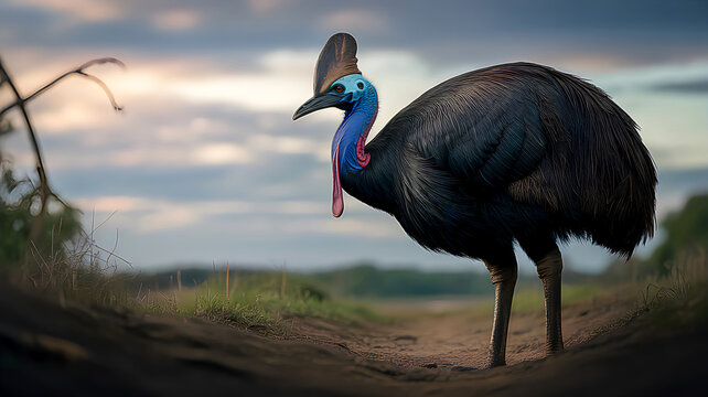 A large cassowary bird standing on a dirt path in a natural landscape with a cloudy sky