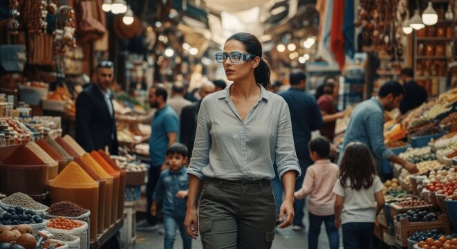 Woman walking through a bustling Moroccan souk market filled with colorful goods and people.