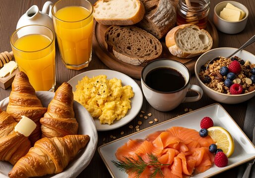 Colorful breakfast buffet spread featuring freshly baked croissants golden toasted bagels scrambled eggs sunny side up omelets juicy orange juice black coffee assorted cereals granola yogurt fresh