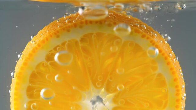Close-up shot of a juicy orange slice creating airborne water droplets and bubbles around a splashy citrus scene