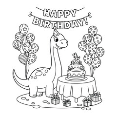 Brachiosaurus celebrating with a big cake and balloons in this festive and fun birthday coloring page © Crafter