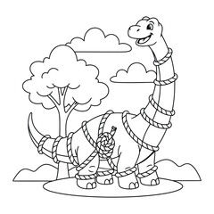 Brachiosaurus wrapped in long rope stands near a leafy tree and clouds in this creative coloring page © Crafter