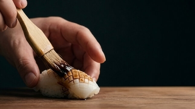 The Finishing Touch: Chef Brushing Glossy Soy Sauce Over Elegantly Scored Squid Sushi in a Dark Cinematic Setting