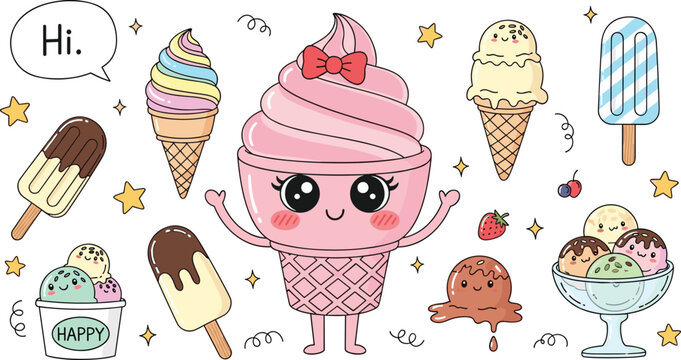 Collection of cute kawaii ice cream characters featuring soft serve cones, colorful popsicles, sundae bowls, and smiling frozen yogurt mascots in a flat pastel vector style.