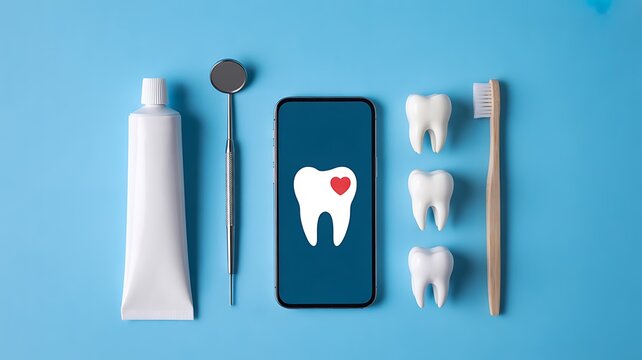 Dental care tools with smartphone and teeth models on blue background hygiene concept