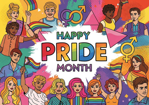 Happy Pride Month Banner with Diverse People and Colorful LGBT Community Background