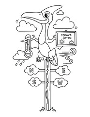 Pterodactyl character perched on a weather post with a thermometer and chalkboard in this cute coloring page © Crafter