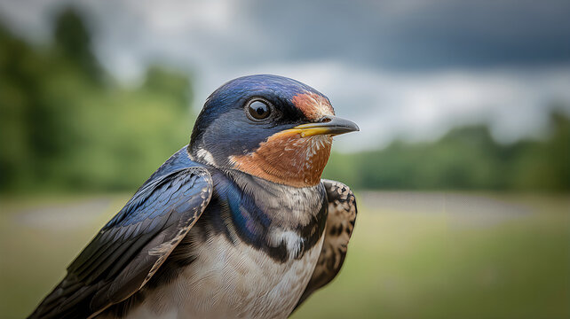 Close-up of a Barn Swallow bird perched outdoors in natural surroundings with blurred background, isolated on transparent background