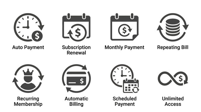 Various financial payment icons illustrating subscription services and billing options
