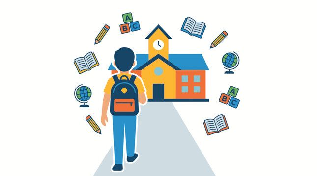 Student with Backpack Walking Towards School for Back to School