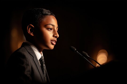 Young boy speaking into two microphones at podium