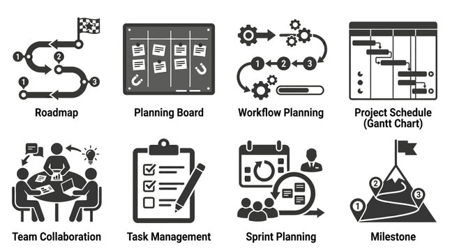 Visual representations of project management concepts including planning, collaboration, and scheduling