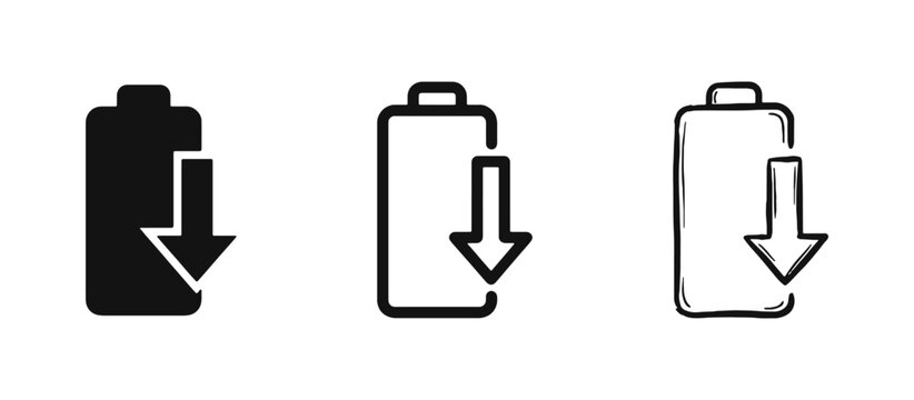 Low Battery with Down Arrow Icon Set Representing Discharging Power and Energy Warning
