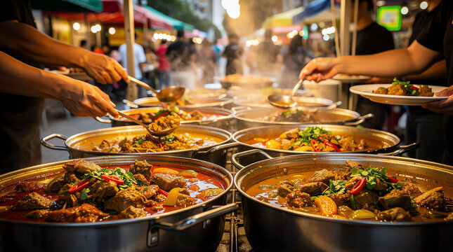 People serving hot, flavorful dishes from large pots at a busy outdoor food market or street food event.