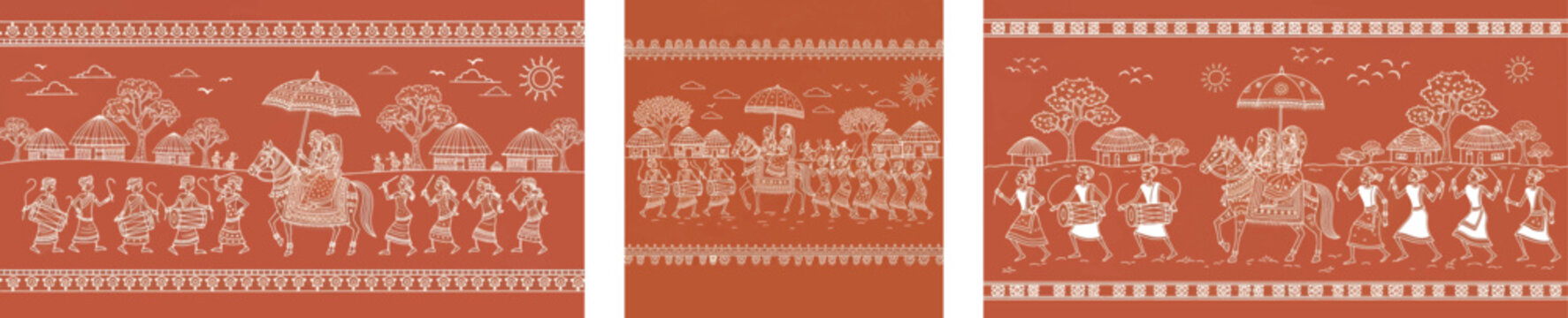 Set of 3 Traditional Warli art wedding procession vector, Indian tribal folk painting with groom on horse, ethnic village life illustration on terracotta background