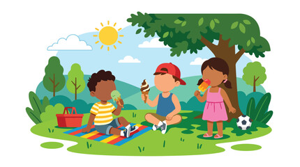 Fototapeta premium Flat vector illustration of happy children eating ice cream in a park during summer, expressing fun lifestyle and refreshing seasonal activities