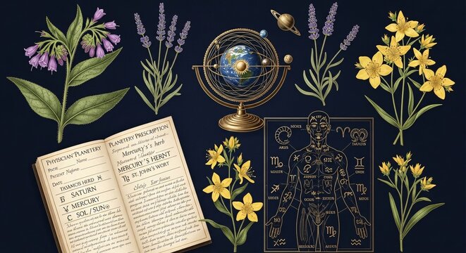 Antique illustrations of medicinal plants anatomy chart astrolabe with human body, traditional medicine

