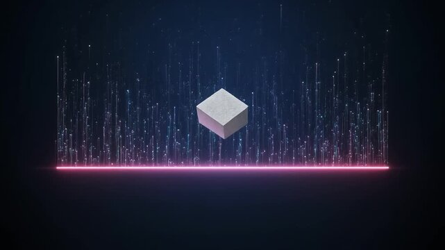 A 3D cube floats above a neon pink line with digital rain particles falling around it in a dark space.
