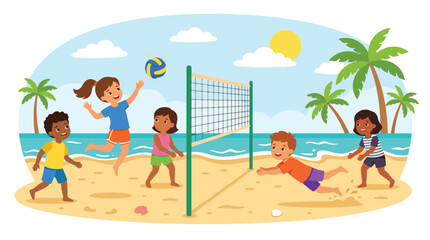 Fototapeta premium Flat vector illustration of children playing volleyball on a sandy beach during summer, expressing teamwork, active lifestyle, and outdoor sports fun