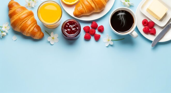delicious breakfast spread with croissants jam raspberries orange juice coffee butter knife on plate light blue background morning food photography