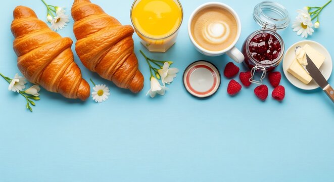 flaky croissants and fresh berries with butter jam and coffee on a pastel blue background with flowers morning breakfast setup with orange juice and pastry