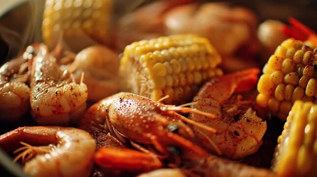 A delicious seafood boil with shrimp, crawfish, potatoes, and corn on the cob