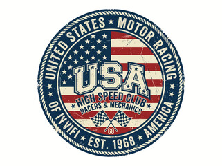 Fototapeta premium Vintage USA motor racing emblem featuring a distressed American flag design with checkered racing flags for automotive enthusiasts and high speed mechanics