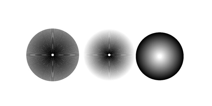 Black concentric circle set. Sonar or sound wave ring collection. Halftone and linear epicentre, target, radar icon concept. Ripple radial signal or vibration elements. Vector line and dotted symbols