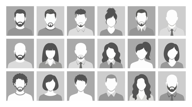 Collection of monochrome avatar placeholders in a grid layout | Diverse people profile silhouettes for social media | Flat vector face icons