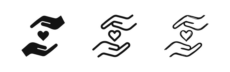 Fototapeta premium Hands Holding Heart Icon Set in Solid Outline and Hand Drawn Styles for Charity and Volunteering