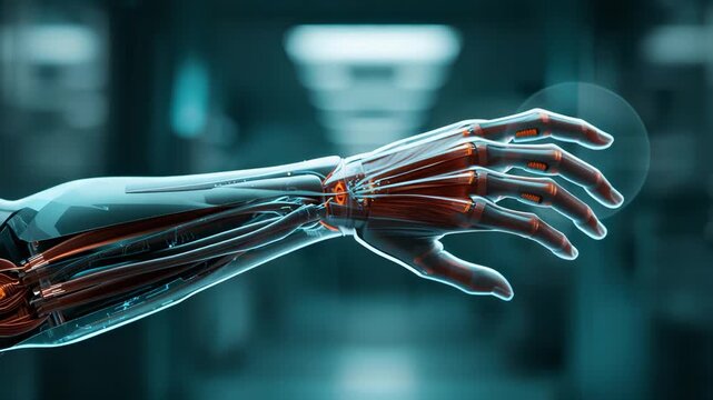 Transparent blue anatomical human arm and hand model displaying bones muscles tendons and joints in detailed medical visualization