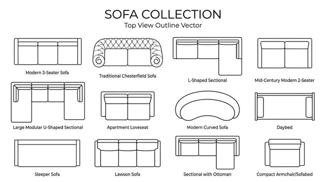 Collection of sofa designs in line art vector format.
