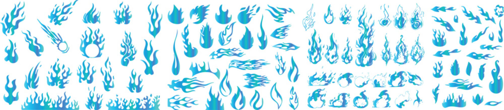 Blue Fire flame icons set vector collection on Transparent background, hand drawn blaze shapes illustration for logo, ui, and creative design