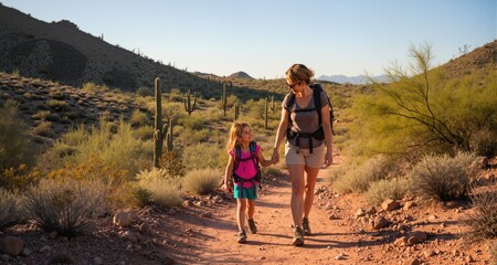 Fototapeta premium Scottsdale Arizona desert Landscape mother daughter hiking 