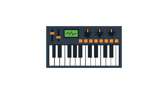 Hand-drawn synthesizer keyboard vector icon with editable stroke featuring a modern flat design minimalist outline illustration for musical equipment and studio recording applications.