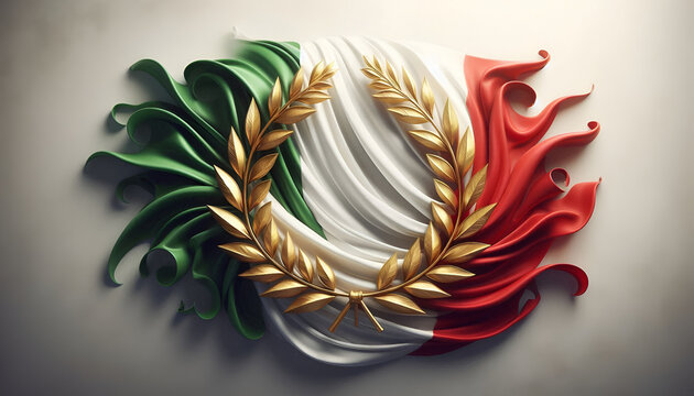Stylized Italian flag with golden laurel wreath artistic composition symbolizing Republic Day heritage national unity and pride elegant decorative design