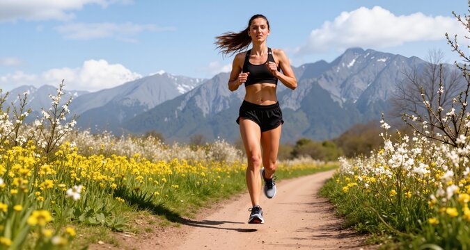 Female runner exercises on a path. She wears shorts and running shoes. Spring flowers bloom alongside the trail. Mountain range and sky in background.
